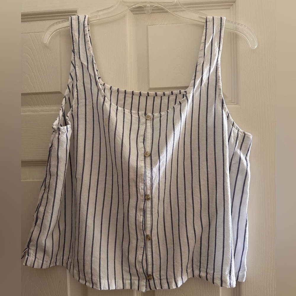 Time and Tru White Tank Top with Navy Vertical Stripes